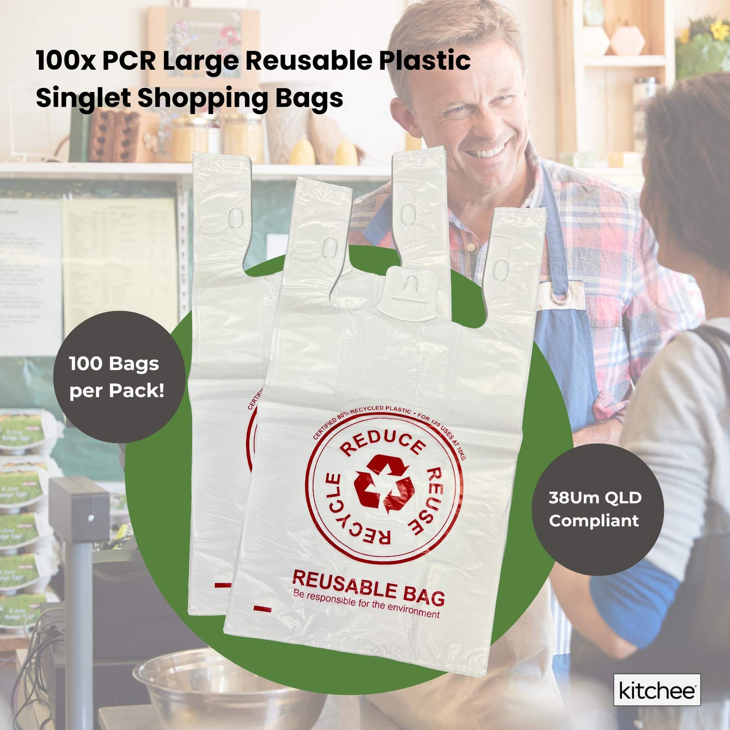 100x Large Reusable Plastic Singlet Shopping Bags - 80% Recycled 38UM Compliant-2