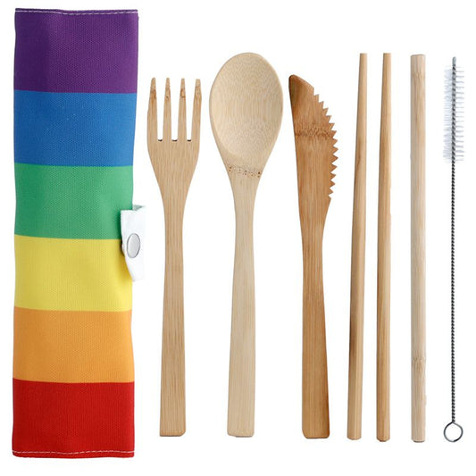 Natural Bamboo Cutlery Set with Rainbow Canvas Holder-0